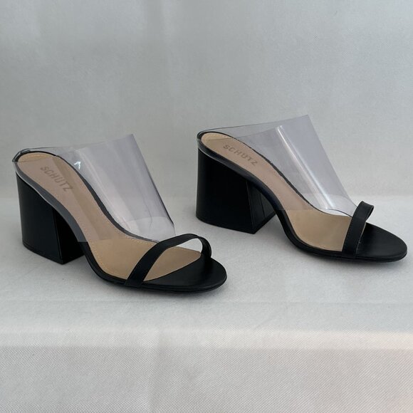 New in Box Schutz Raira Black Leather/Transparent Block Heel Slide Sandals - Picture 6 of 12